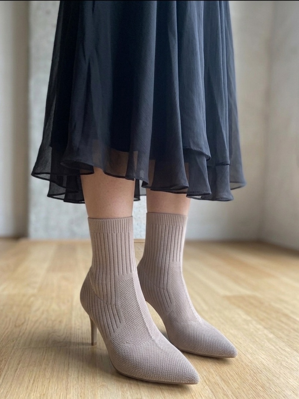 NIB Taupe Knit Sock Pointed Ankle Boots